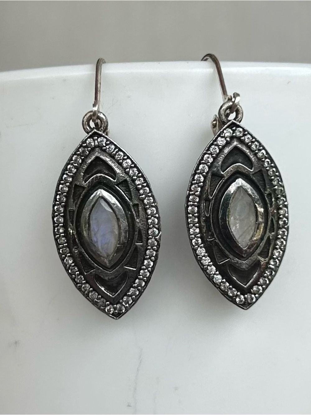 NWOT Tat 2 Silver, Moonstone & Crystal Marquise Drop Earrings